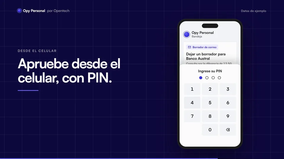 Ilustración de la app de celular de Opy Personal con un borrador de correo pendiente y el teclado para el PIN