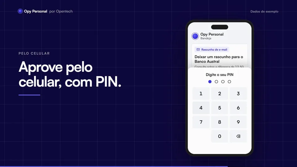 Ilustração do app de celular do Opy Personal com um rascunho de e-mail pendente e o teclado para o PIN
