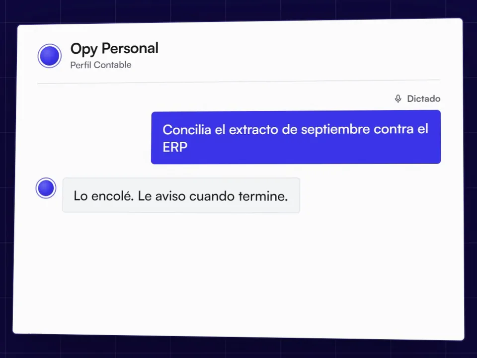 Ilustración de Opy Personal con el perfil Contable y un pedido dictado que queda en segundo plano