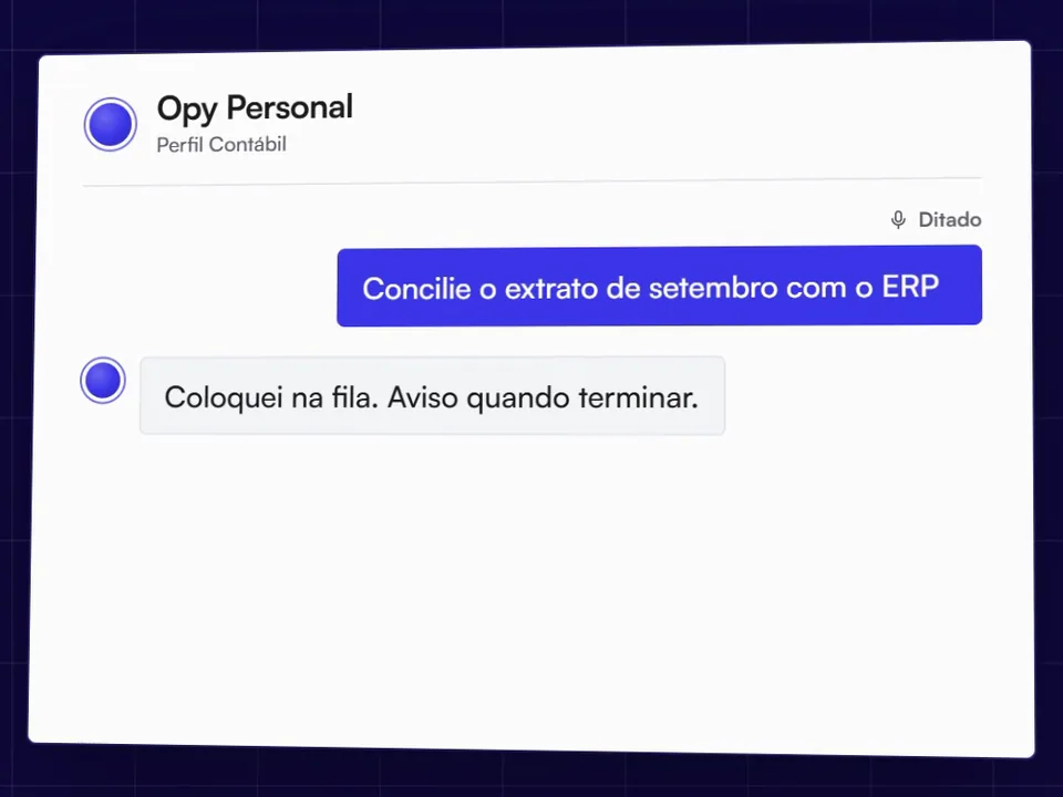 Ilustração do Opy Personal com o perfil Contábil e um pedido ditado que fica em segundo plano